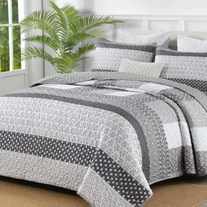 WONGS BEDDING Grey Quilt Queen Size, Bohemian Stripe Quilt Sets 3 Pieces Gray Boho Quilted Bedspread Set Lightweight Microfiber Coverlet Bedding Set All Season (96"x90")