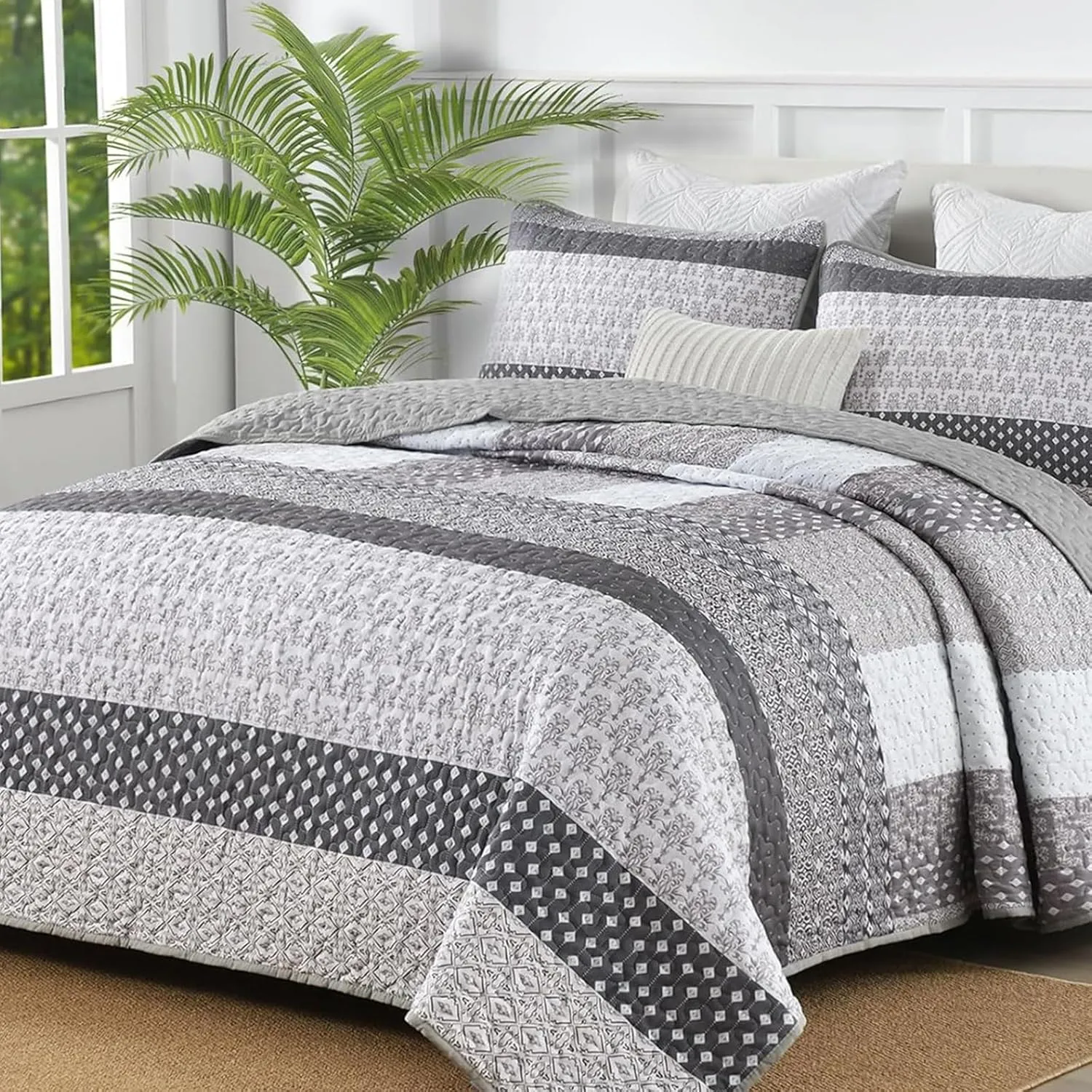 WONGS BEDDING Grey Quilt Queen Size, Bohemian Stripe Quilt Sets 3 Pieces Gray Boho Quilted Bedspread Set Lightweight Microfiber Coverlet Bedding Set All Season (96"x90")