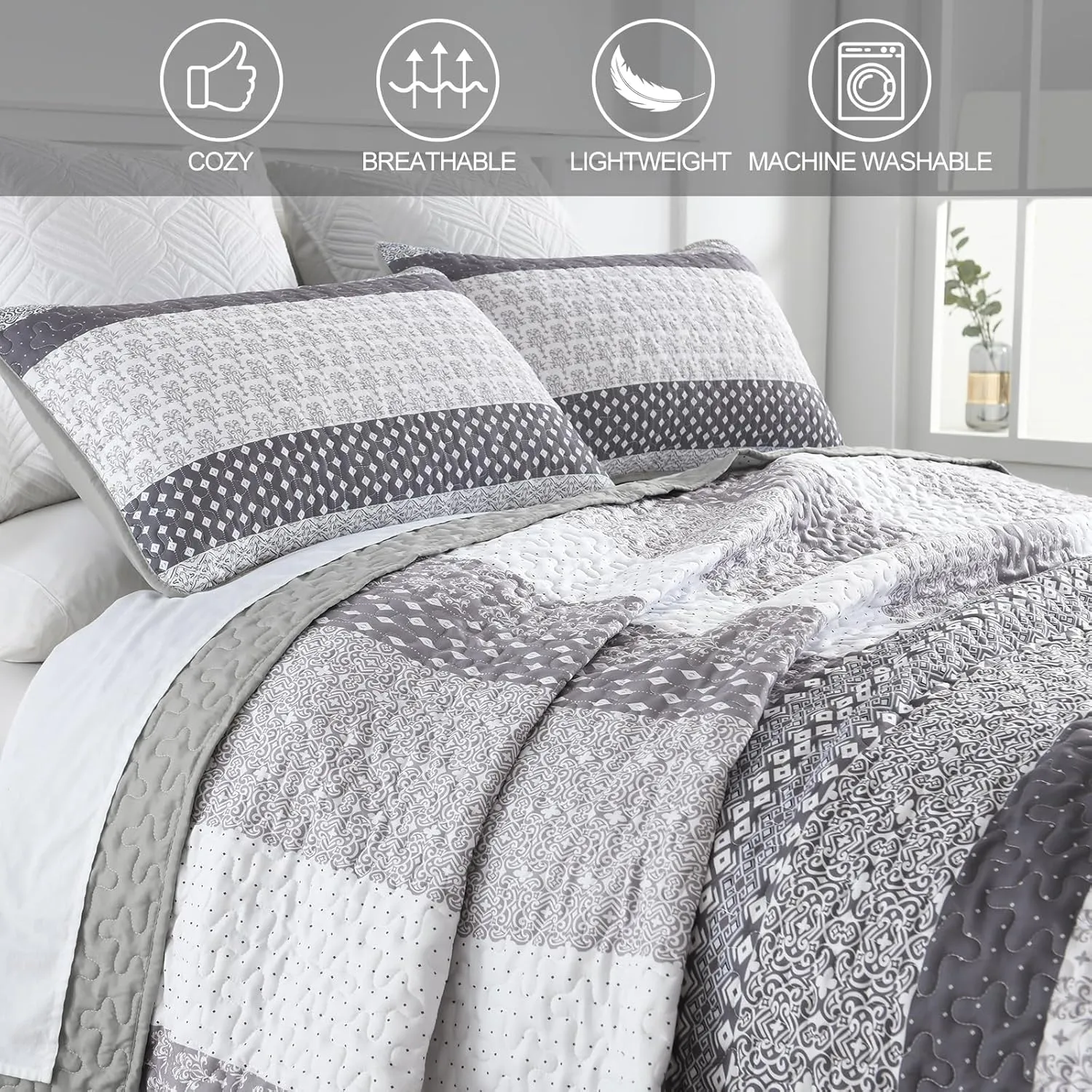 WONGS BEDDING Grey Quilt Queen Size, Bohemian Stripe Quilt Sets 3 Pieces Gray Boho Quilted Bedspread Set Lightweight Microfiber Coverlet Bedding Set All Season (96"x90")