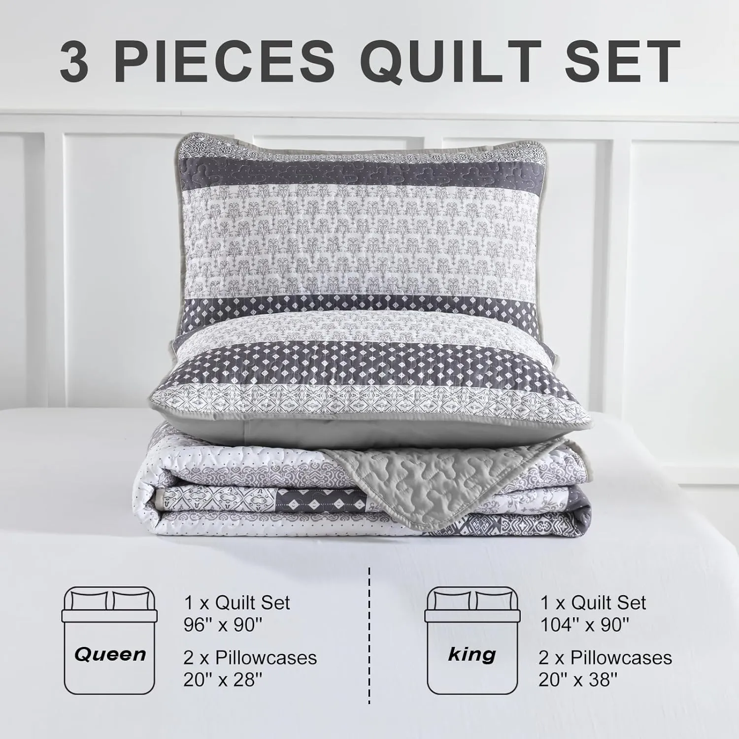 WONGS BEDDING Grey Quilt Queen Size, Bohemian Stripe Quilt Sets 3 Pieces Gray Boho Quilted Bedspread Set Lightweight Microfiber Coverlet Bedding Set All Season (96"x90")