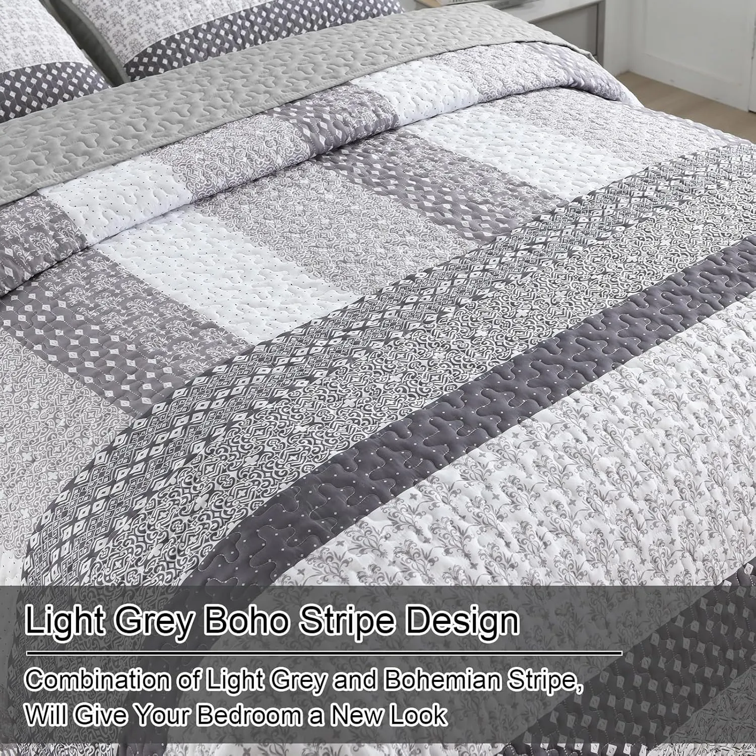 WONGS BEDDING Grey Quilt Queen Size, Bohemian Stripe Quilt Sets 3 Pieces Gray Boho Quilted Bedspread Set Lightweight Microfiber Coverlet Bedding Set All Season (96"x90")
