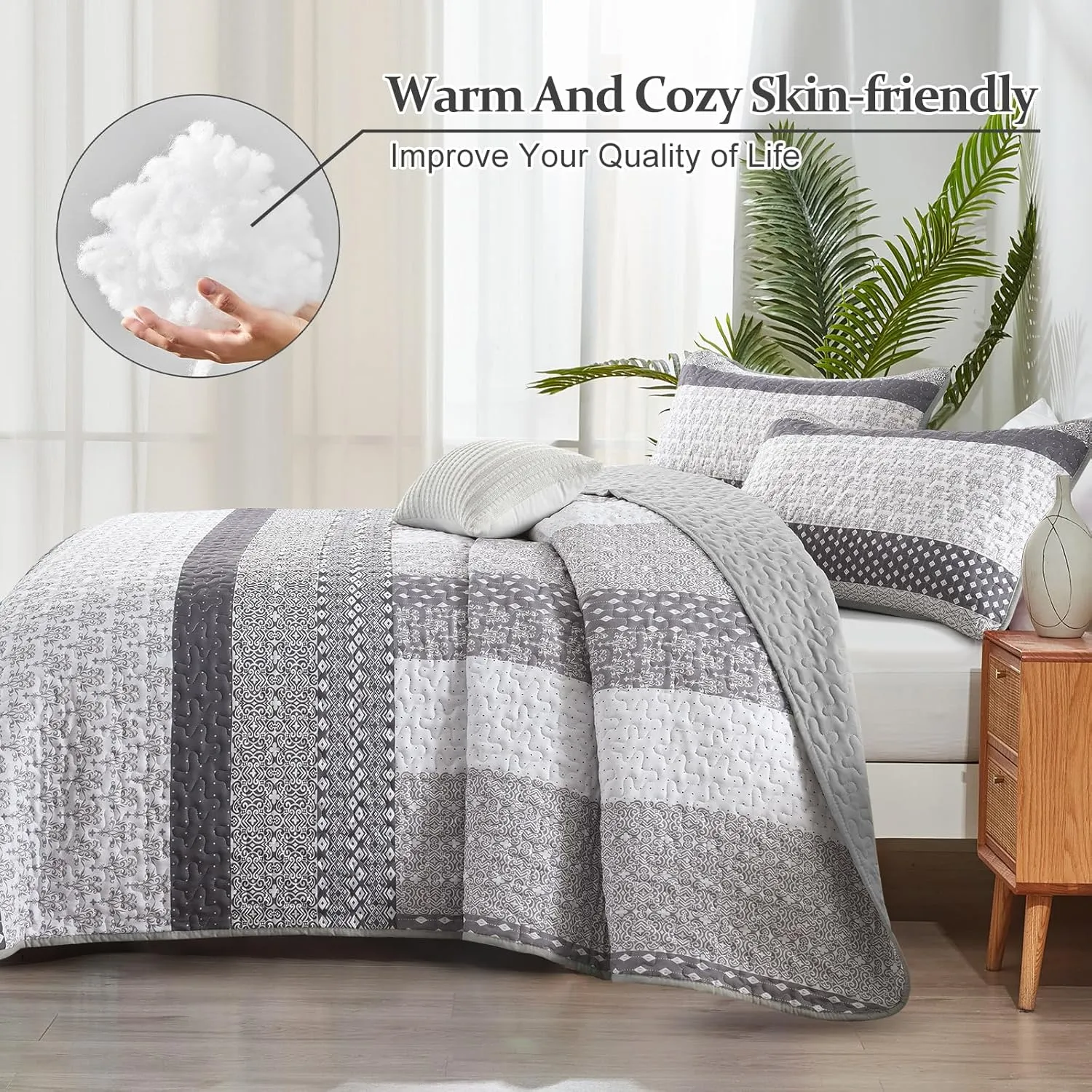 WONGS BEDDING Grey Quilt Queen Size, Bohemian Stripe Quilt Sets 3 Pieces Gray Boho Quilted Bedspread Set Lightweight Microfiber Coverlet Bedding Set All Season (96"x90")