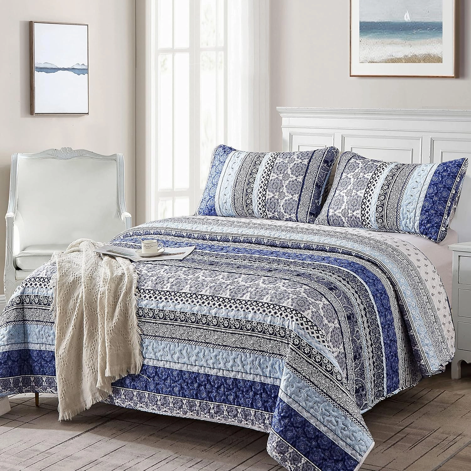 WONGS BEDDING Boho Quilt Set Queen Size, Blue Bohemian 3 Pieces Quilt Sets, Lightweight Bedspread Coverlet Bedding Set for All Season (96"x90")