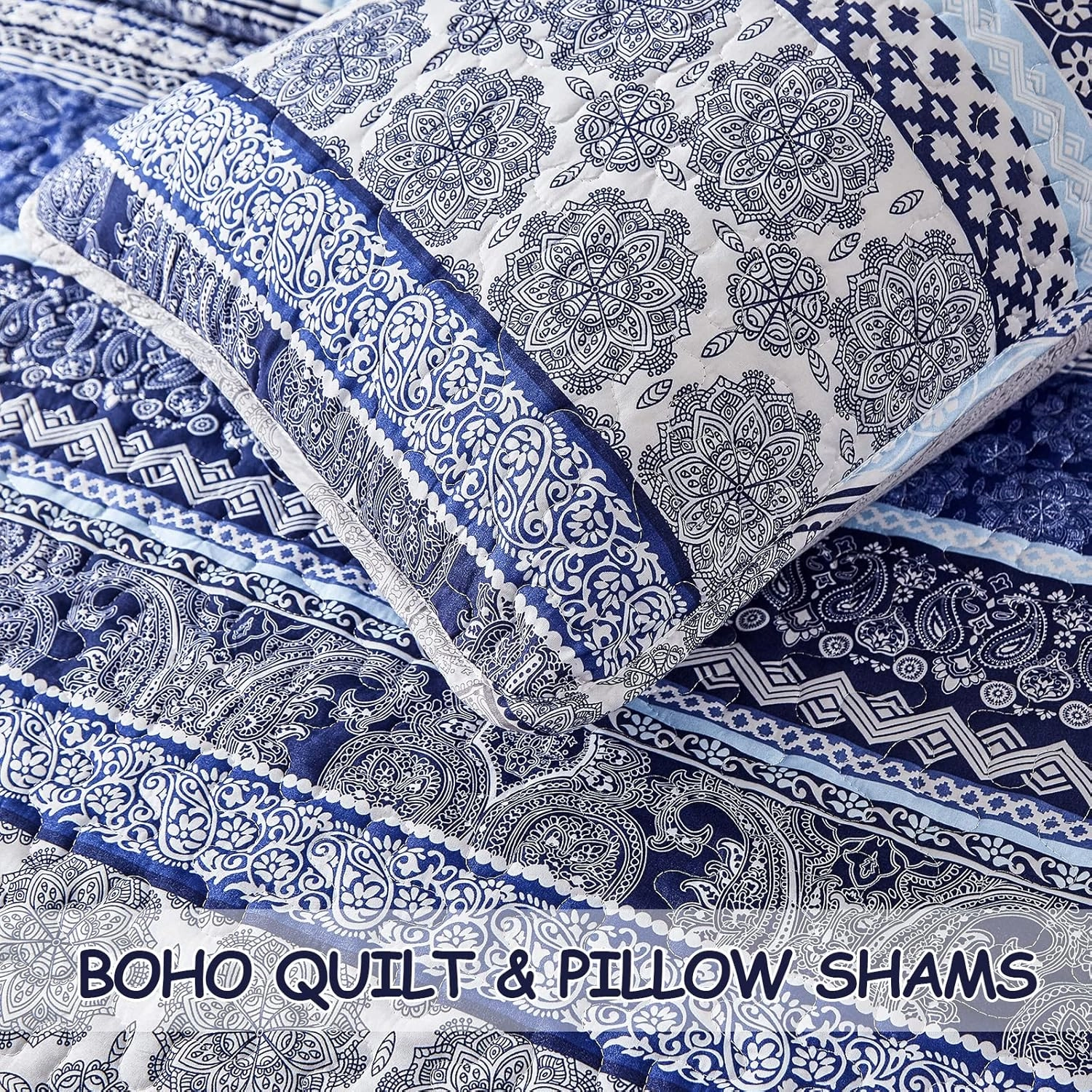 WONGS BEDDING Boho Quilt Set Queen Size, Blue Bohemian 3 Pieces Quilt Sets, Lightweight Bedspread Coverlet Bedding Set for All Season (96"x90")