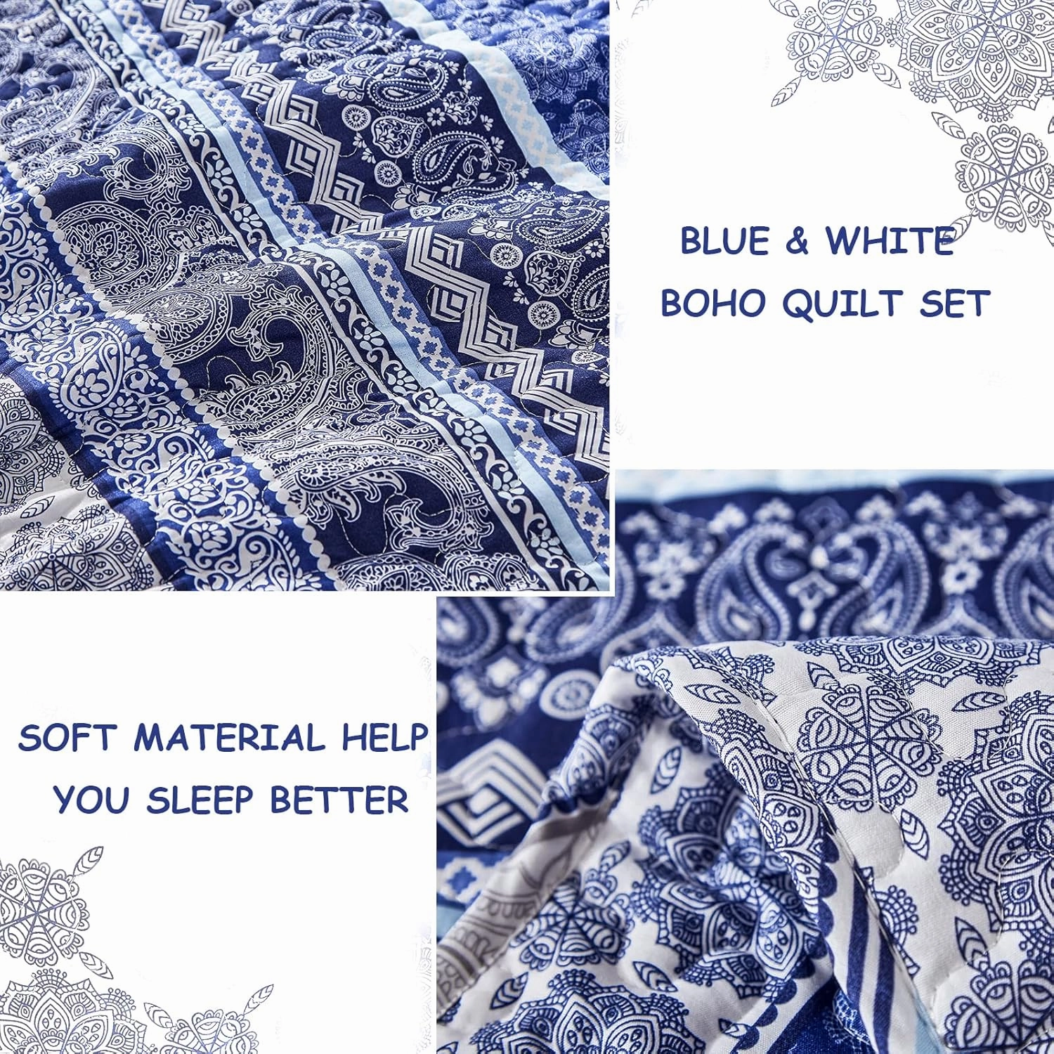 WONGS BEDDING Boho Quilt Set Queen Size, Blue Bohemian 3 Pieces Quilt Sets, Lightweight Bedspread Coverlet Bedding Set for All Season (96"x90")