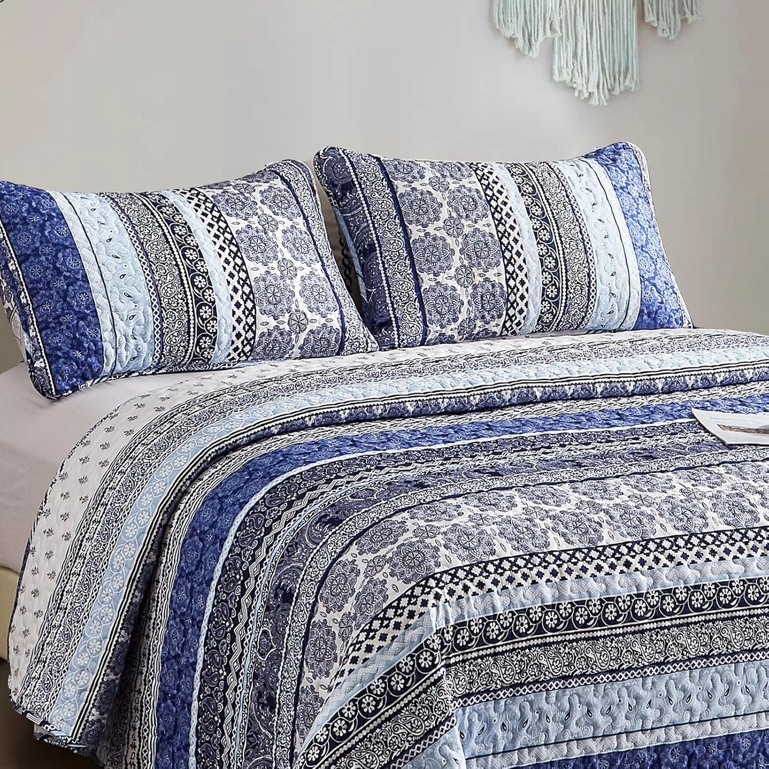 WONGS BEDDING Boho Quilt Set Queen Size, Blue Bohemian 3 Pieces Quilt Sets, Lightweight Bedspread Coverlet Bedding Set for All Season (96"x90")