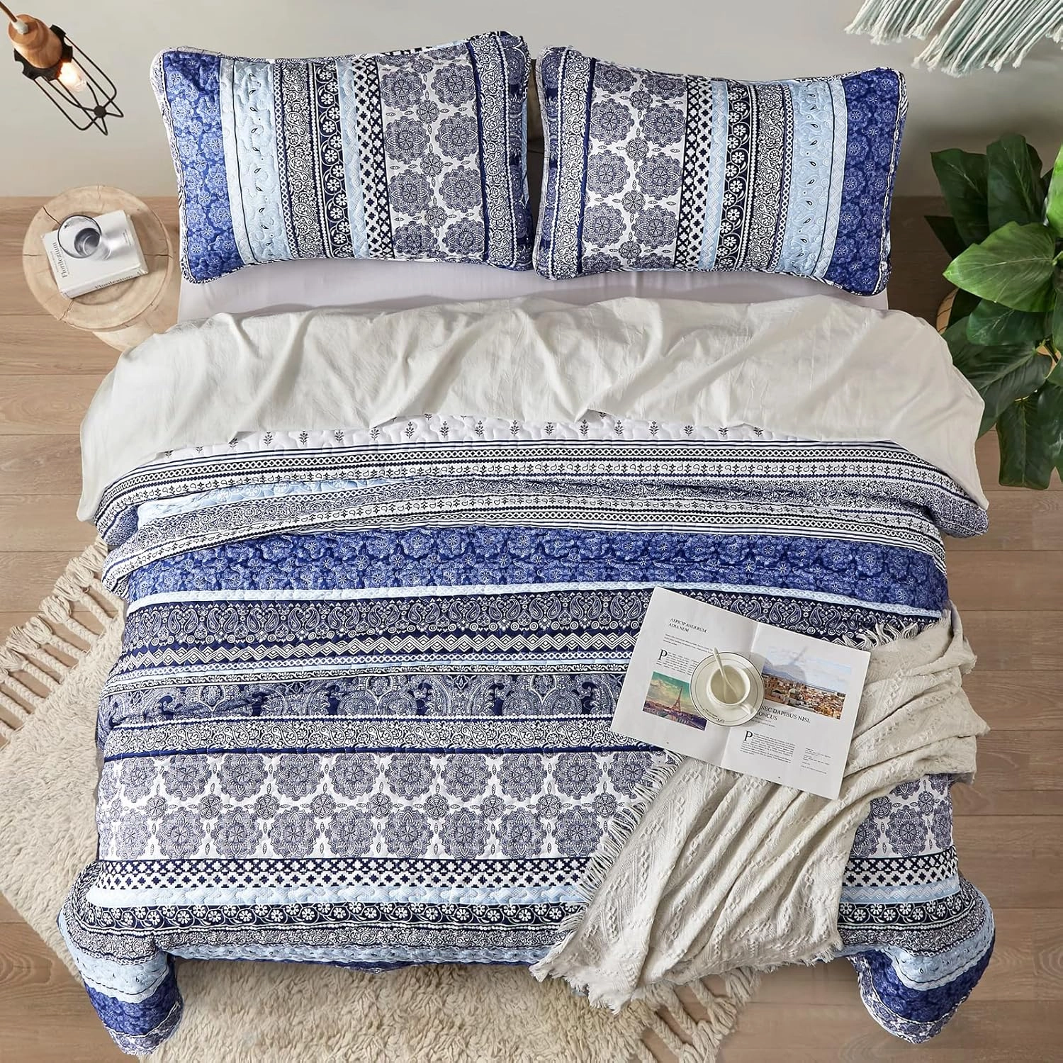WONGS BEDDING Boho Quilt Set Queen Size, Blue Bohemian 3 Pieces Quilt Sets, Lightweight Bedspread Coverlet Bedding Set for All Season (96"x90")