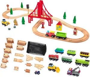 Wooden Train Set 40Pcs & Wooden Train Tracks 53Pcs & Wooden Train Cars 8Pcs Toys
