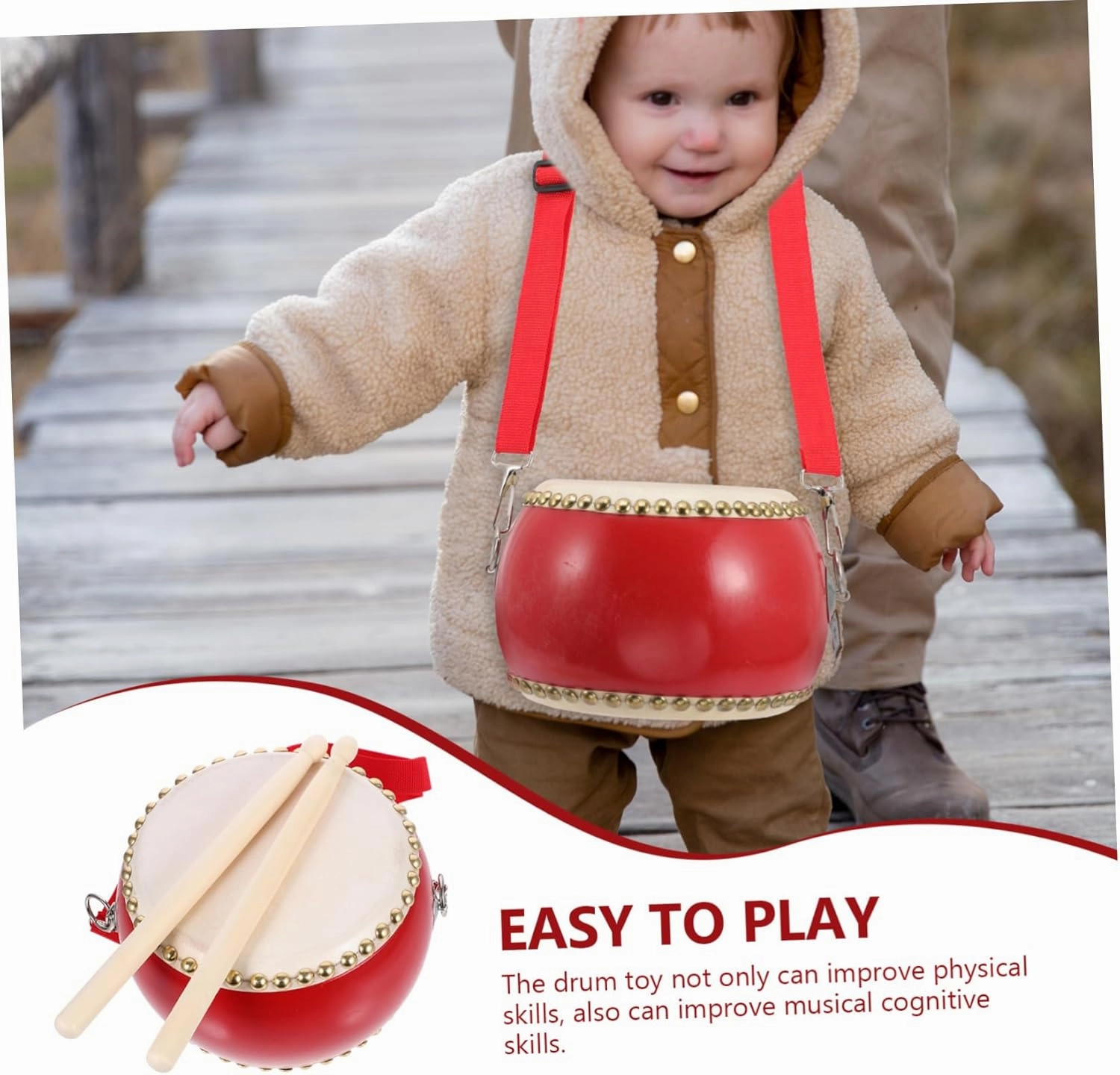 Wooden Drum for Percussion Instrument with Straps Sticks Music to Enhance Hand Eye Coordination Foster Musical Sense Day Birthdays