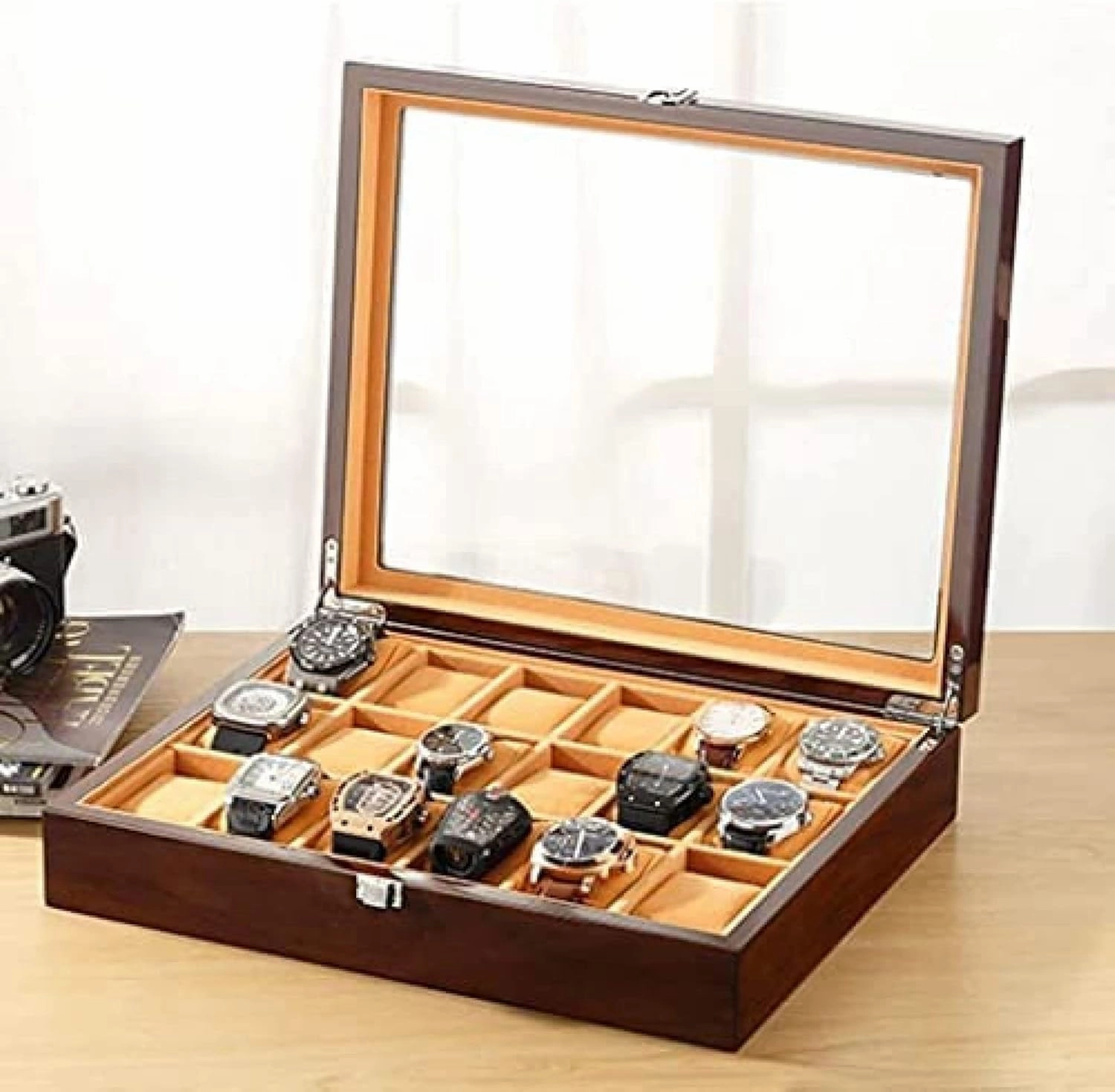 Wooden Watch Box with Transparent Glass Top Cover 18-Piece Watch Storage Box Lockable Jewelry Case,A,37.5X8.5X30.5cm
