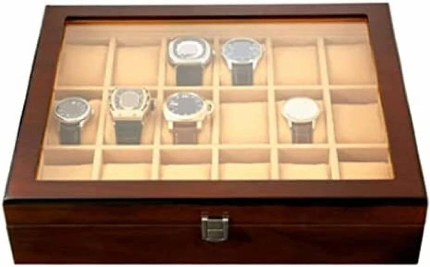Wooden Watch Box with Transparent Glass Top Cover 18-Piece Watch Storage Box Lockable Jewelry Case,A,37.5X8.5X30.5cm