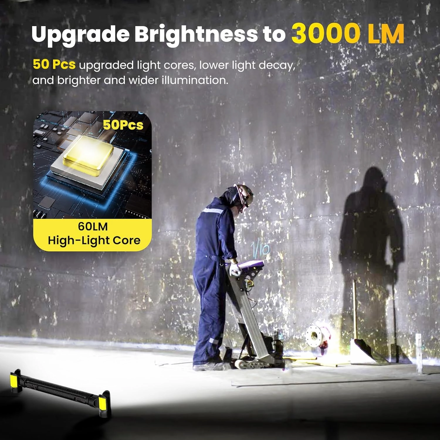 Work Light【AUTO ON/Off】 3000LM LED Work Light 5200mAh Under Hood Working Light with Hooks, Portable Magnetic Rechargeable Cordless Job Site Lighting for Mechanic/Car Repairing/Garage-Yellow