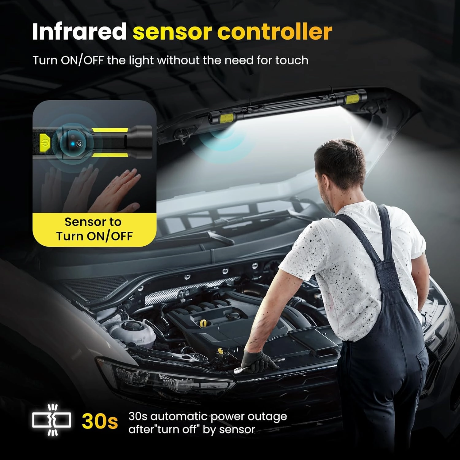 Work Light【AUTO ON/Off】 3000LM LED Work Light 5200mAh Under Hood Working Light with Hooks, Portable Magnetic Rechargeable Cordless Job Site Lighting for Mechanic/Car Repairing/Garage-Yellow