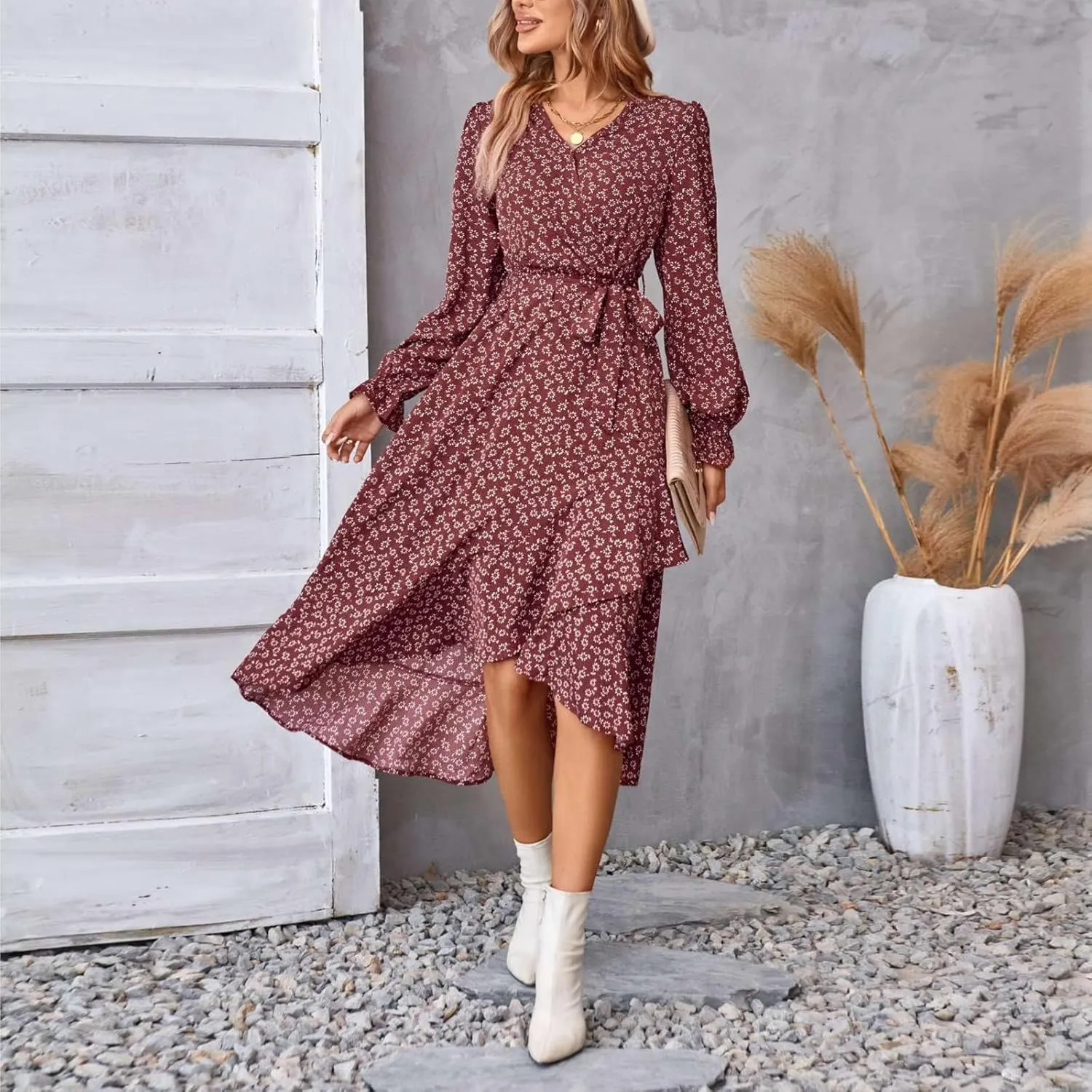Wrap Dresses for Women，Puff Sleeve Spring Dress Tie Waist Tiered Midi Dress for Going Out Wedding Guest Date Night