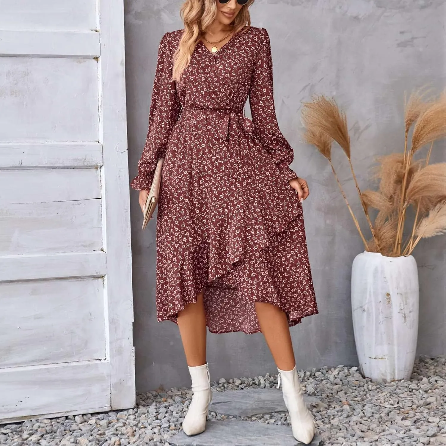 Wrap Dresses for Women，Puff Sleeve Spring Dress Tie Waist Tiered Midi Dress for Going Out Wedding Guest Date Night