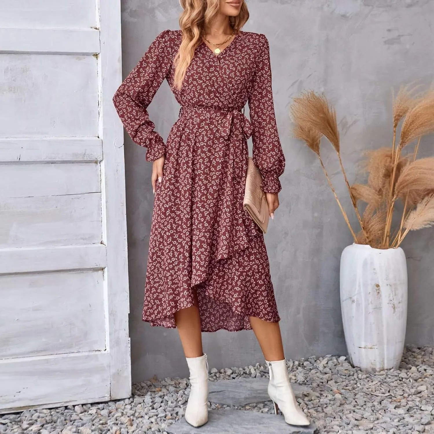Wrap Dresses for Women，Puff Sleeve Spring Dress Tie Waist Tiered Midi Dress for Going Out Wedding Guest Date Night