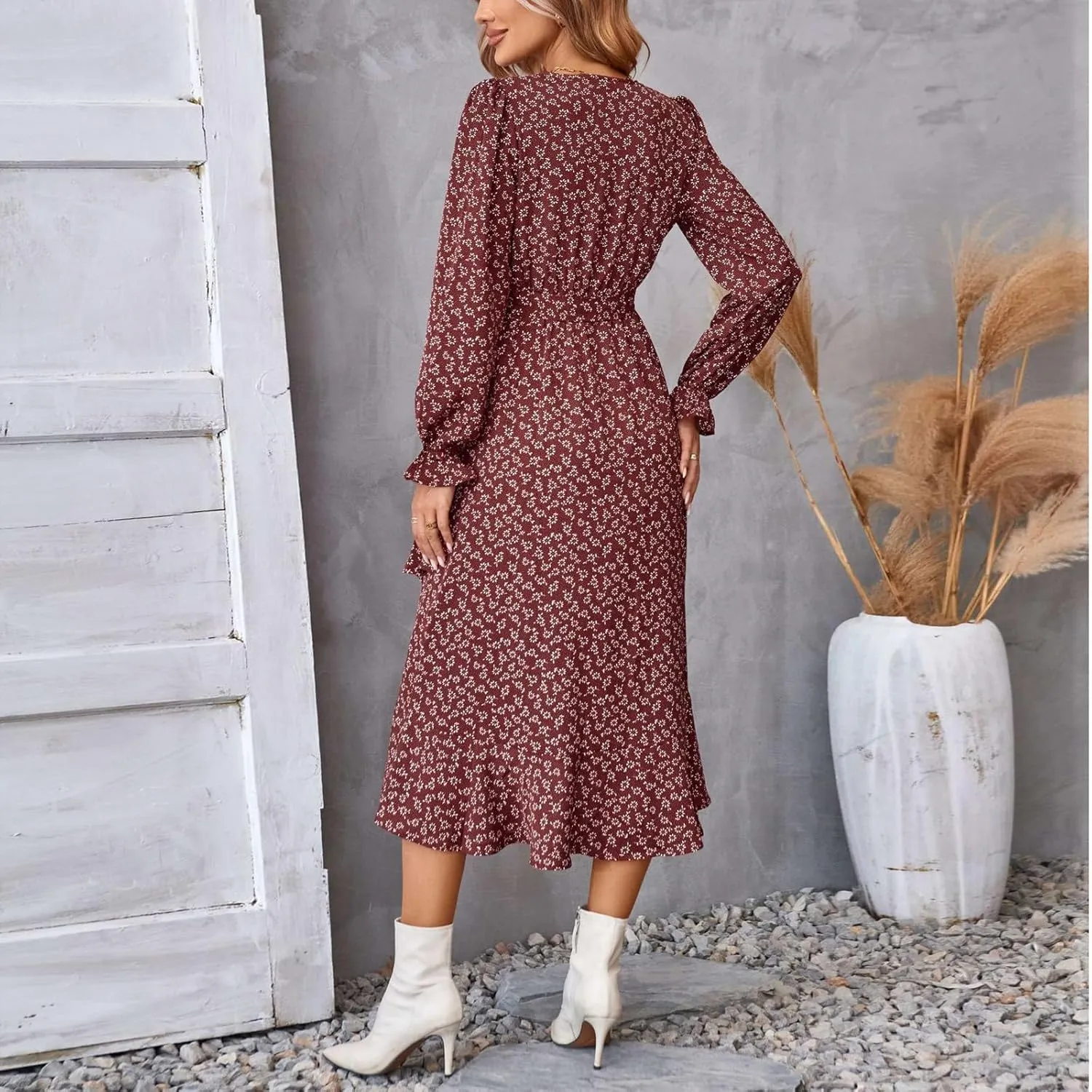 Wrap Dresses for Women，Puff Sleeve Spring Dress Tie Waist Tiered Midi Dress for Going Out Wedding Guest Date Night