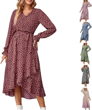 Wrap Dresses for Women，Puff Sleeve Spring Dress Tie Waist Tiered Midi Dress for Going Out Wedding Guest Date Night