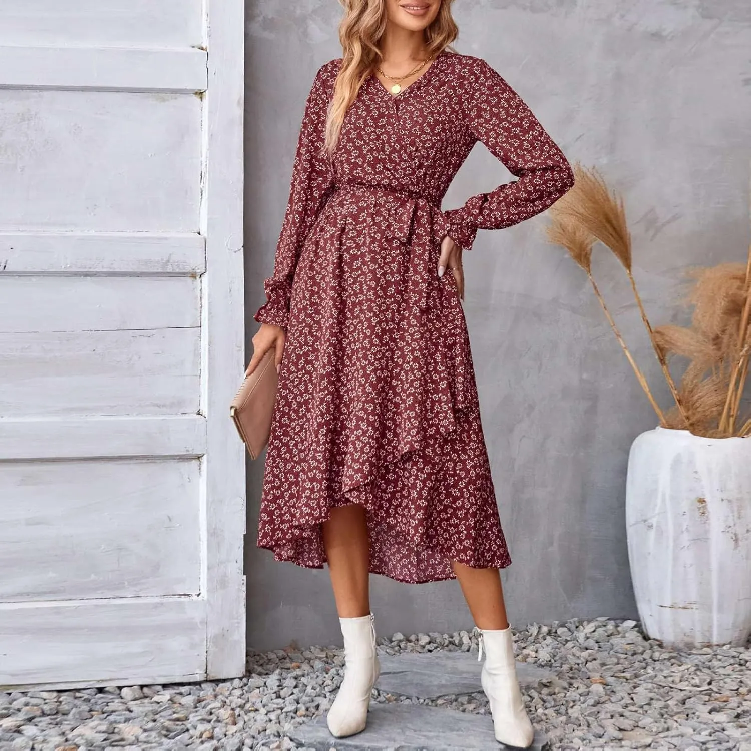 Wrap Dresses for Women，Puff Sleeve Spring Dress Tie Waist Tiered Midi Dress for Going Out Wedding Guest Date Night