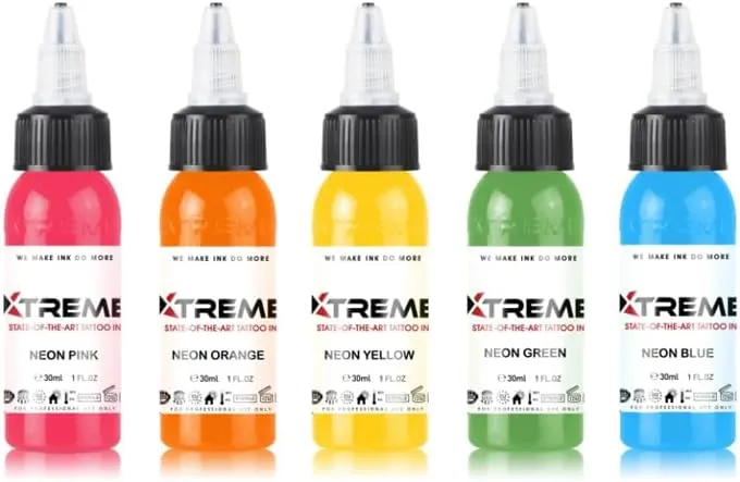 Xtreme Ink 5 Color Neon Set, Electrifying Tattoo Inks for Vibrant Neon Effects, Neon Pink, Orange, Yellow, Green, Blue - UV-Free Brilliance, Ethical, Water-Based, Vegan, and Safe (Set of 5, 1 oz)
