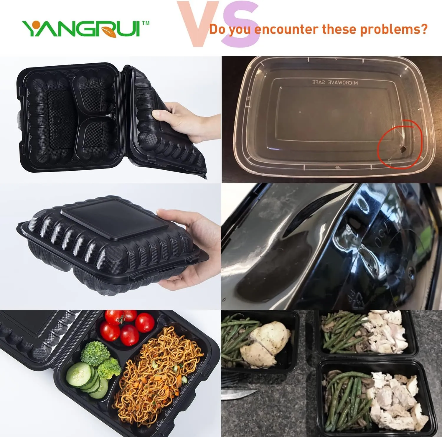 YANGRUI Clamshell Food Containers, Shrink Wrap Reusable 34 OZ 8 Inch 3 Compartment 55 Pack MFPP To Go Container BPA Free Microwave Freezer Safe Plastic Hinged Clamshell Take Out Boxes