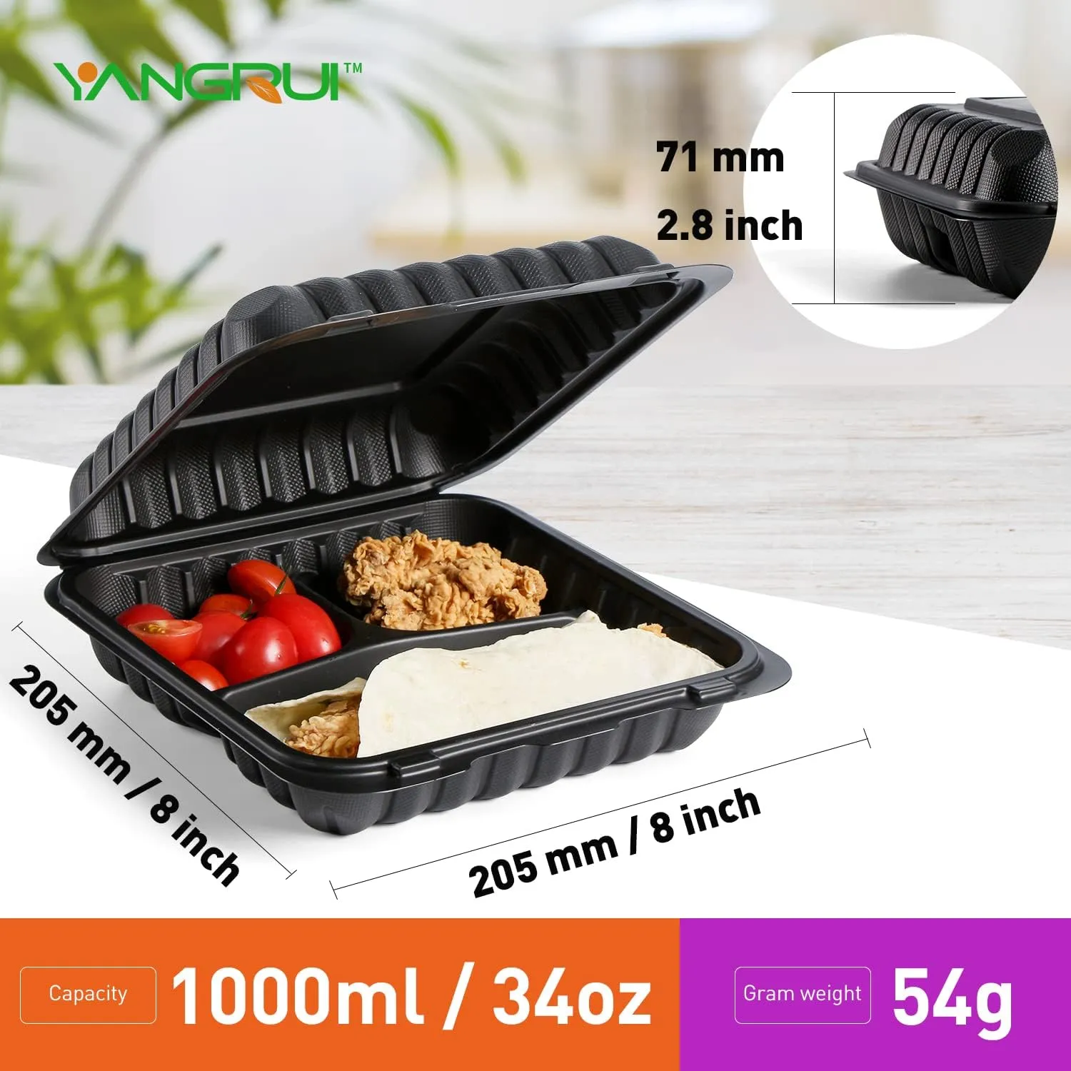 YANGRUI Clamshell Food Containers, Shrink Wrap Reusable 34 OZ 8 Inch 3 Compartment 55 Pack MFPP To Go Container BPA Free Microwave Freezer Safe Plastic Hinged Clamshell Take Out Boxes