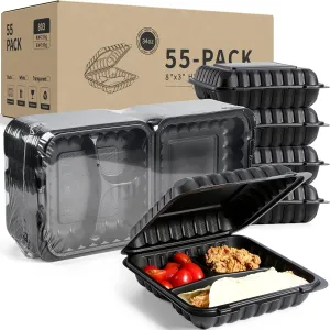 YANGRUI Clamshell Food Containers, Shrink Wrap Reusable 34 OZ 8 Inch 3 Compartment 55 Pack MFPP To Go Container BPA Free Microwave Freezer Safe Plastic Hinged Clamshell Take Out Boxes