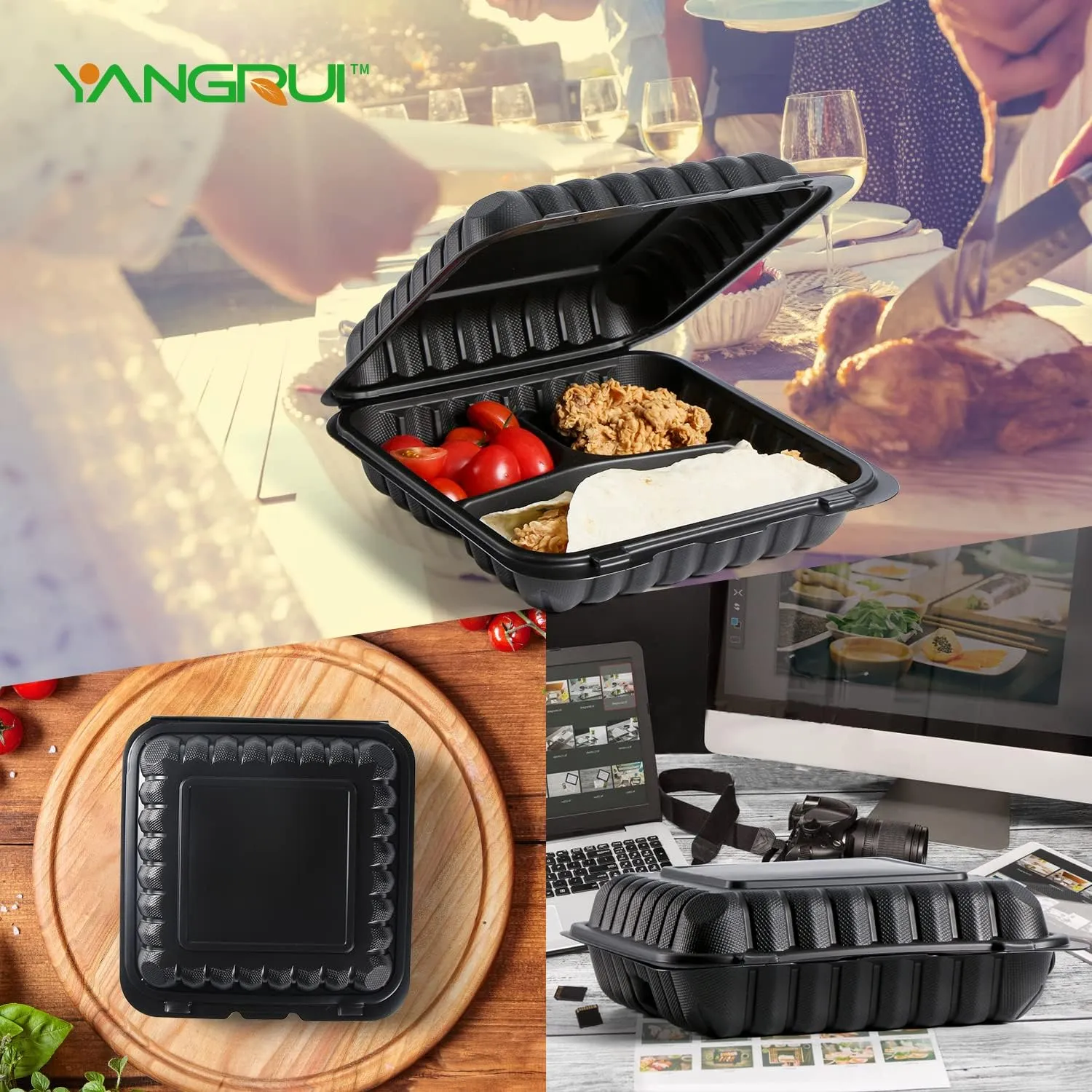 YANGRUI Clamshell Food Containers, Shrink Wrap Reusable 34 OZ 8 Inch 3 Compartment 55 Pack MFPP To Go Container BPA Free Microwave Freezer Safe Plastic Hinged Clamshell Take Out Boxes
