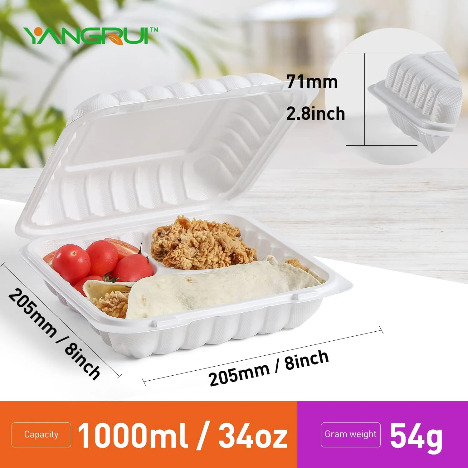 YANGRUI To Go Containers, Reusable Shrink Wrap 55 Pack 8 Inch 34 OZ MFPP Meal Prep Container BPA Free Microwave Freezer Safe Plastic Hinged Clamshell Take Out Boxes