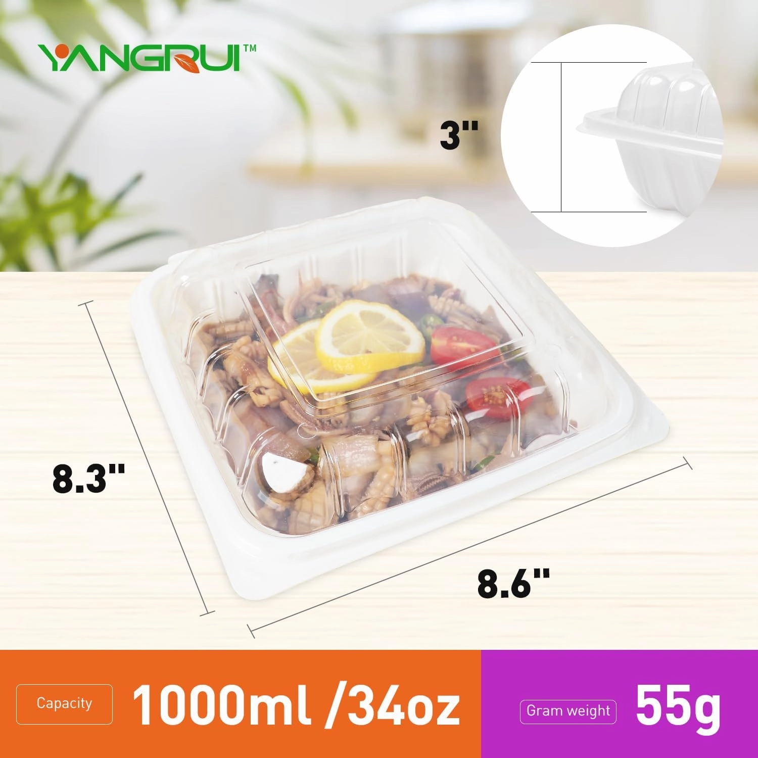 YANGRUI To Go Containers, Reusable Anti-Fog Shrink Wrap 25 Pack 8 Inch 34 OZ White Plastic Meal Prep Boxes BPA Free Microwave Freezer Safe Hinged Clamshell Take Out Container