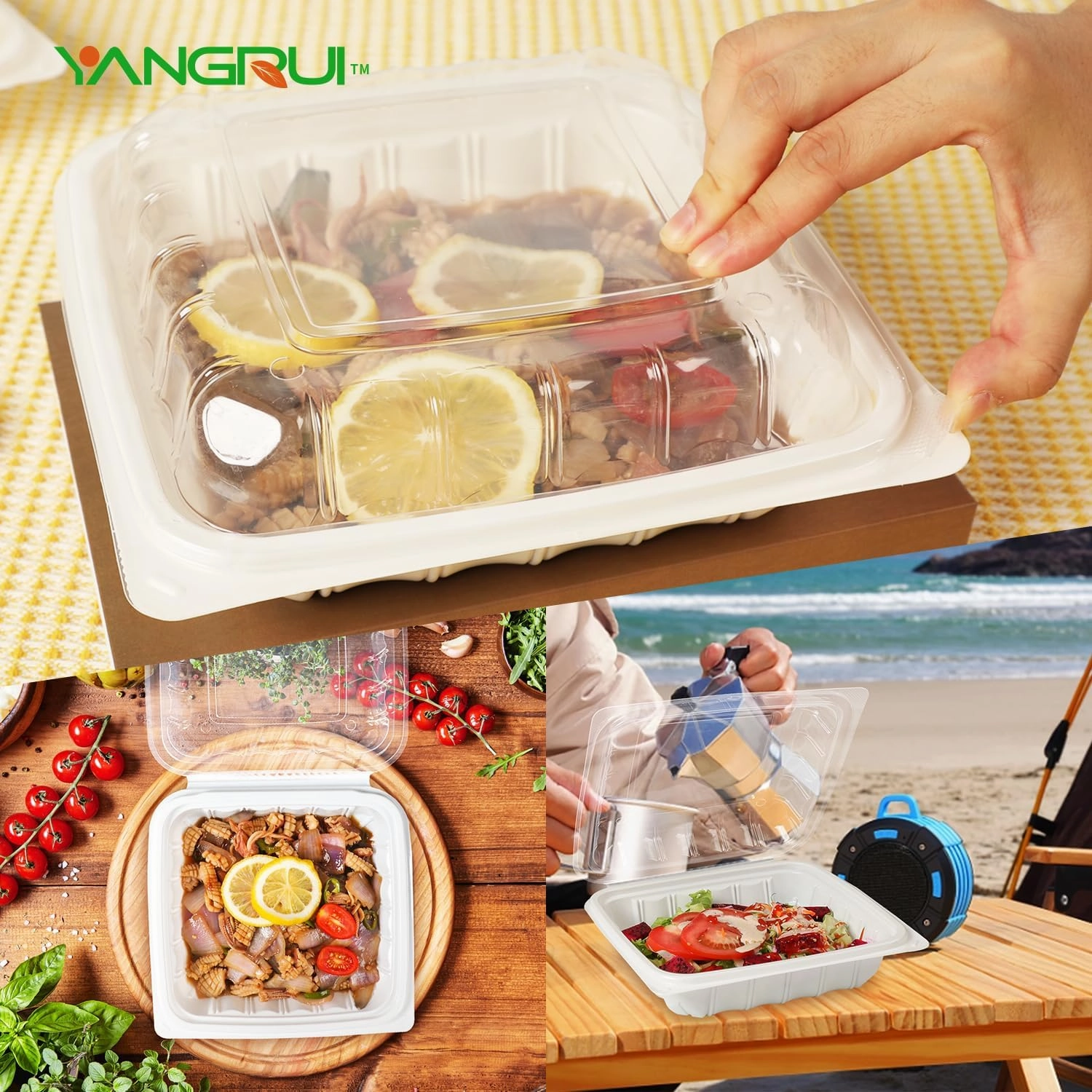 YANGRUI To Go Containers, Reusable Anti-Fog Shrink Wrap 25 Pack 8 Inch 34 OZ White Plastic Meal Prep Boxes BPA Free Microwave Freezer Safe Hinged Clamshell Take Out Container