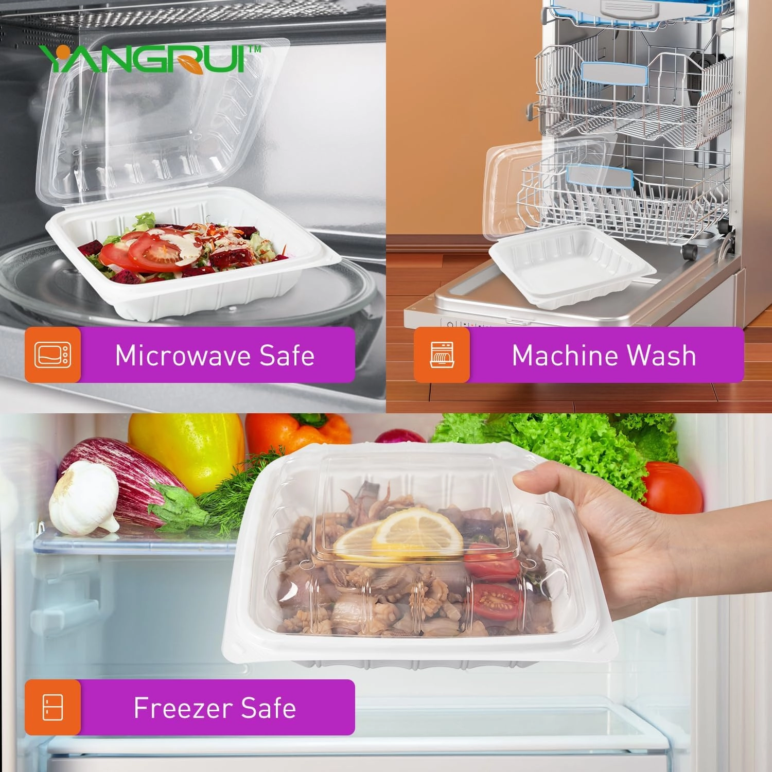 YANGRUI To Go Containers, Reusable Anti-Fog Shrink Wrap 25 Pack 8 Inch 34 OZ White Plastic Meal Prep Boxes BPA Free Microwave Freezer Safe Hinged Clamshell Take Out Container