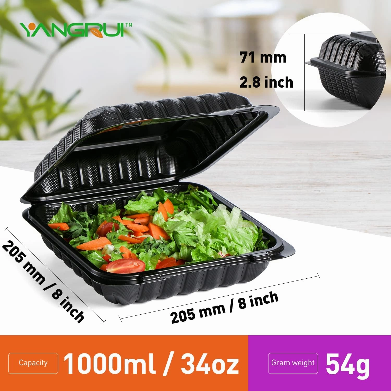YANGRUI To Go Containers, Reusable Shrink Wrap 34 OZ 55 Pack 8 Inch Plastic Hinged Take Out Boxes BPA Free Microwave Freezer Safe MFPP Clamshell Food Container