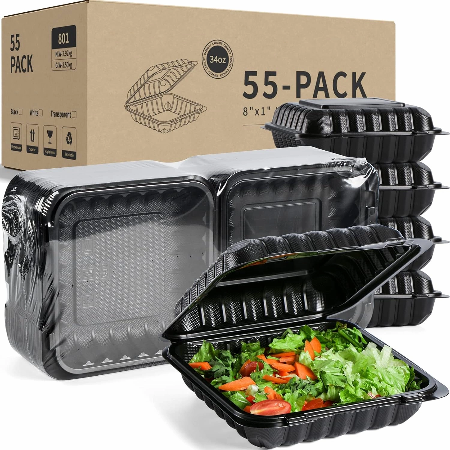 YANGRUI To Go Containers, Reusable Shrink Wrap 34 OZ 55 Pack 8 Inch Plastic Hinged Take Out Boxes BPA Free Microwave Freezer Safe MFPP Clamshell Food Container