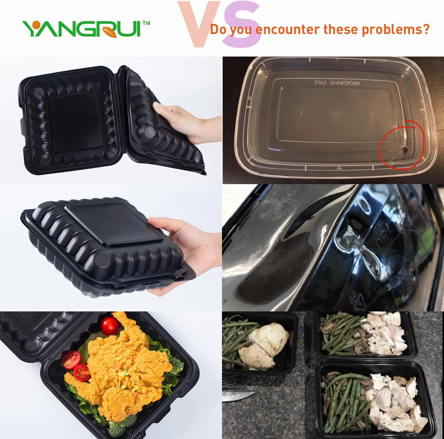 YANGRUI To Go Containers, Reusable Shrink Wrap 34 OZ 55 Pack 8 Inch Plastic Hinged Take Out Boxes BPA Free Microwave Freezer Safe MFPP Clamshell Food Container