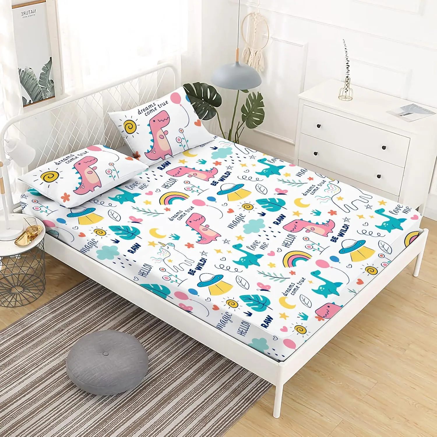 Yasida Twin Bed Sheets Dinosaur Bedding Twin Fitted Sheet Set for Kids 2 Piece Twin Sheet Set (1 Fitted Sheet and 1 Pillowcase) 100% Brushed Microfiber Fabric