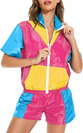 Yisfri Women's Color Block Windbreaker 2 Piece Outfits Short Sleeve Zip Front Elastic Waist Tracksuit Set