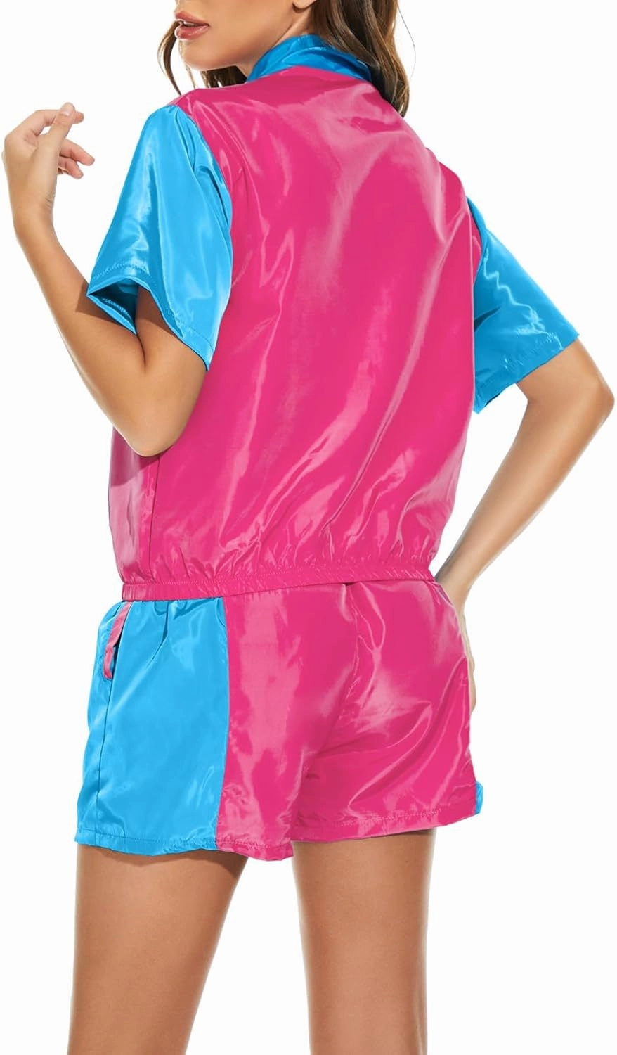 Yisfri Women's Color Block Windbreaker 2 Piece Outfits Short Sleeve Zip Front Elastic Waist Tracksuit Set