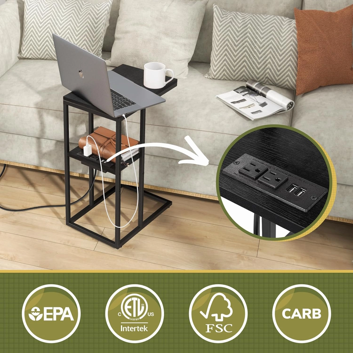 Yoobure LED C Shaped End Table with Charging Station, Small Side Tables for Living Room Bedroom, TV Tray Table with USB Ports and Outlets for Small Spaces, C Table for Couch Sofa, Bed Side Table