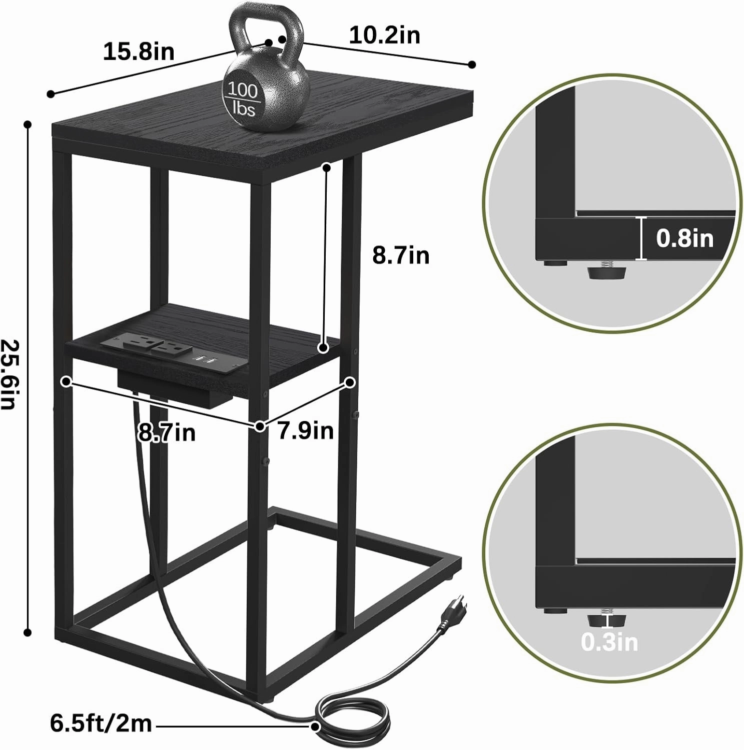 Yoobure LED C Shaped End Table with Charging Station, Small Side Tables for Living Room Bedroom, TV Tray Table with USB Ports and Outlets for Small Spaces, C Table for Couch Sofa, Bed Side Table