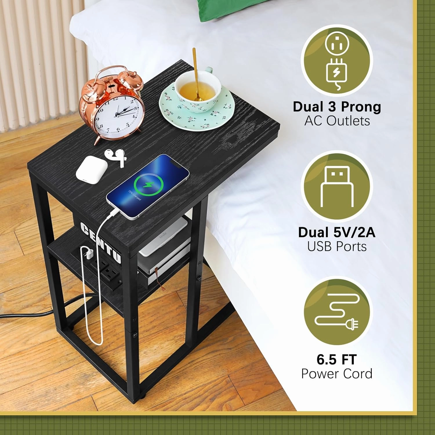 Yoobure LED C Shaped End Table with Charging Station, Small Side Tables for Living Room Bedroom, TV Tray Table with USB Ports and Outlets for Small Spaces, C Table for Couch Sofa, Bed Side Table