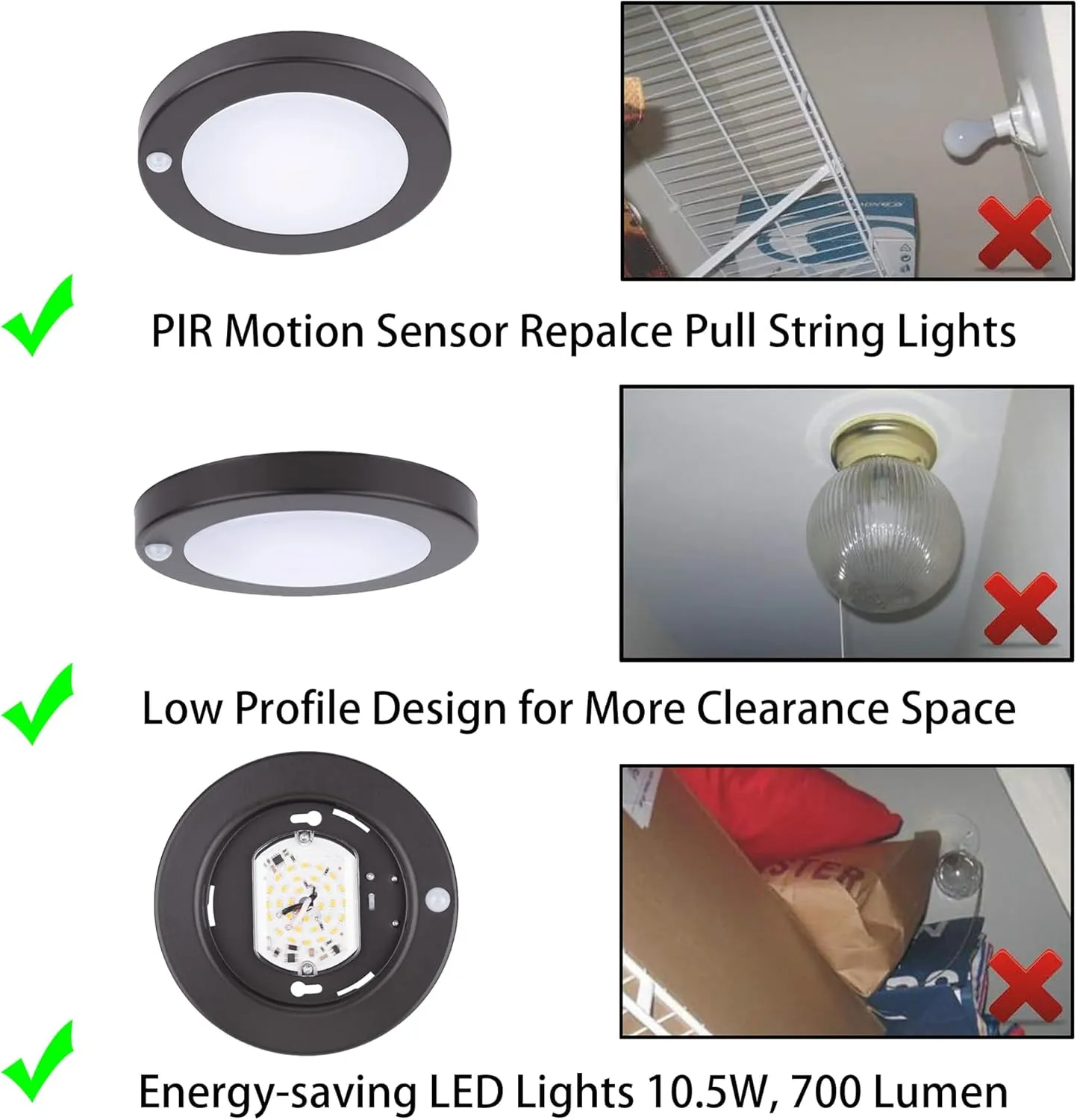 YoonLIT Flush Mount PIR Motion Sensor LED Ceiling Light, 6.2 Inch 10.5W 700 Lumen, Motion Activated Ceiling Fixture for Closet, Garage, Doorway, Stairway, Hallway, Bronze Finish 5000K 2-Pack