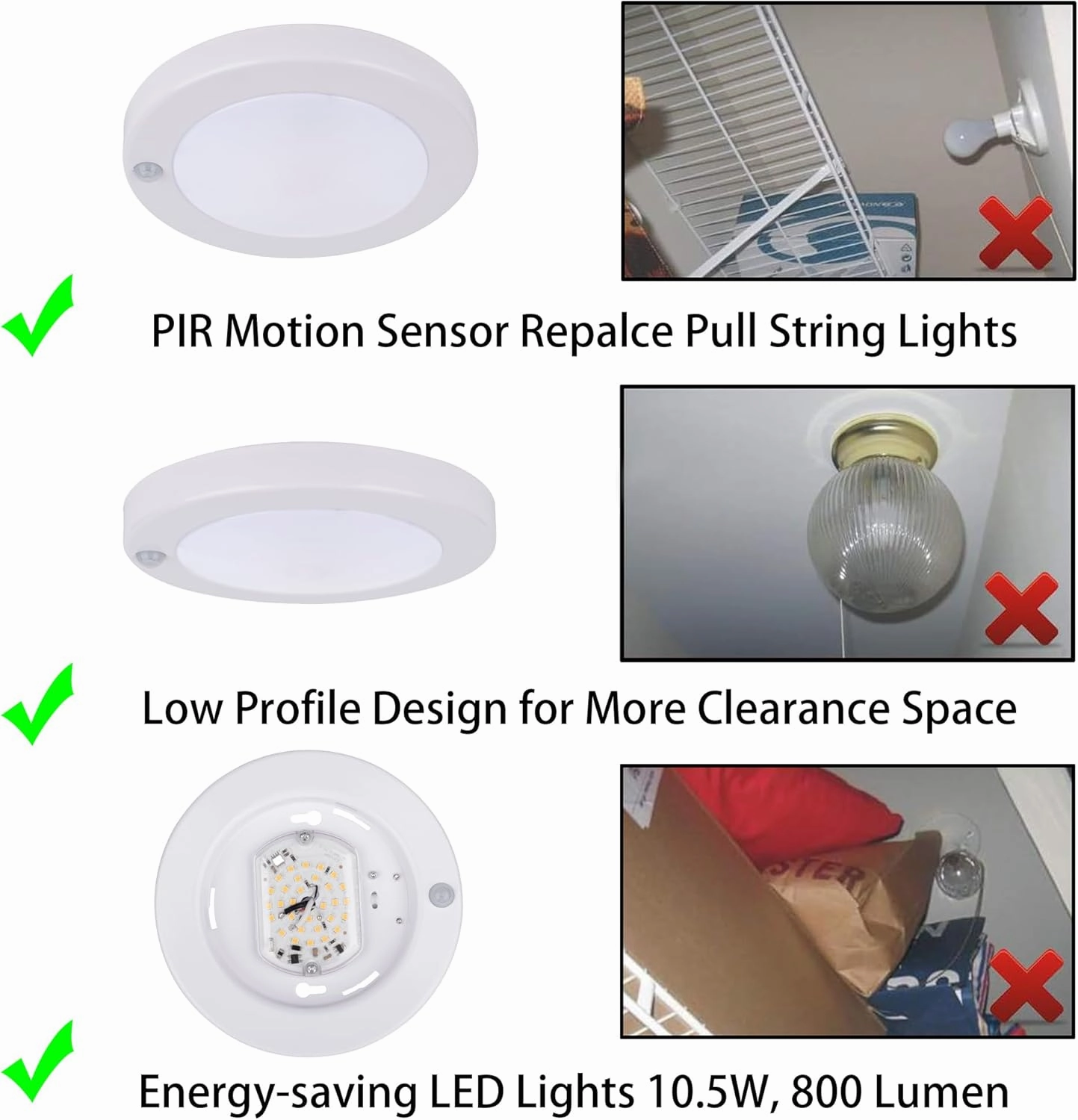 YoonLIT Flush Mount PIR Motion Sensor LED Ceiling Light, 6.2 Inch 10.5W 800 Lumen, Motion Activated Ceiling Fixture for Closet, Garage, Doorway, Stairway, Hallway, White Finish 3000K 2-Pack