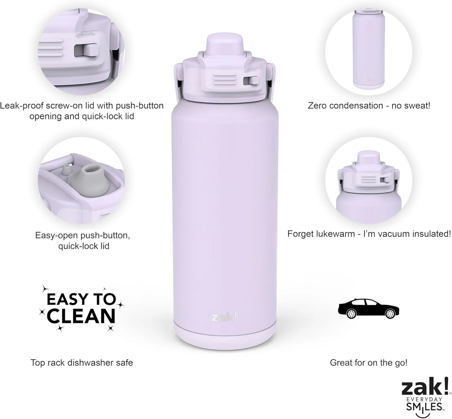 Zak Designs Beacon Straw Lid Water Bottle for Travel or At Home, 32oz Stainless Steel is Leak-Proof and Vacuum Insulated with Silicone Spout, Cover, Carry Handle, Protective Base (Smoky Lilac Purple)