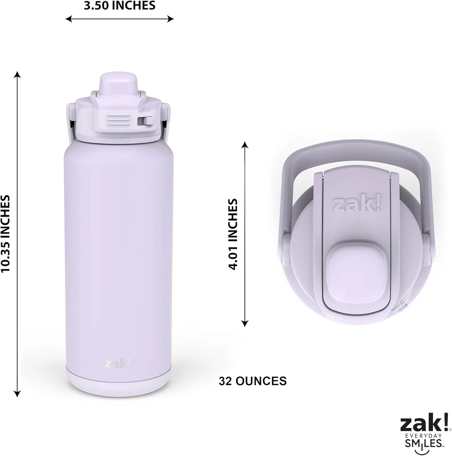 Zak Designs Beacon Straw Lid Water Bottle for Travel or At Home, 32oz Stainless Steel is Leak-Proof and Vacuum Insulated with Silicone Spout, Cover, Carry Handle, Protective Base (Smoky Lilac Purple)