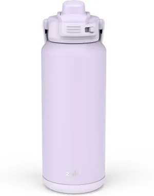Zak Designs Beacon Straw Lid Water Bottle for Travel or At Home, 32oz Stainless Steel is Leak-Proof and Vacuum Insulated with Silicone Spout, Cover, Carry Handle, Protective Base (Smoky Lilac Purple)