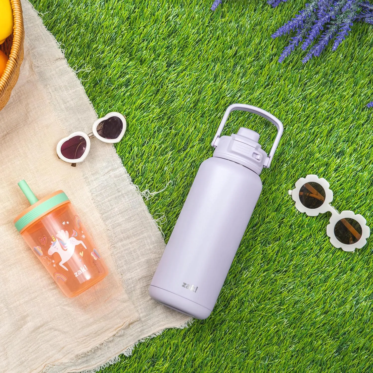 Zak Designs Beacon Straw Lid Water Bottle for Travel or At Home, 32oz Stainless Steel is Leak-Proof and Vacuum Insulated with Silicone Spout, Cover, Carry Handle, Protective Base (Smoky Lilac Purple)