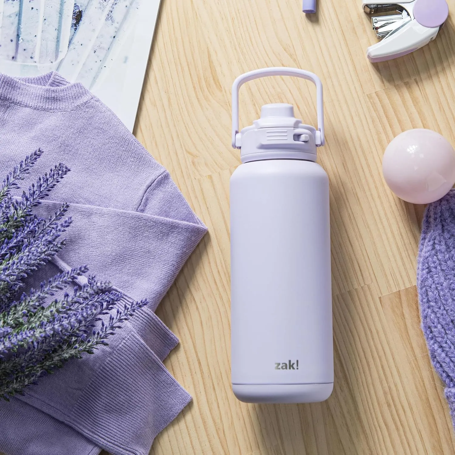 Zak Designs Beacon Straw Lid Water Bottle for Travel or At Home, 32oz Stainless Steel is Leak-Proof and Vacuum Insulated with Silicone Spout, Cover, Carry Handle, Protective Base (Smoky Lilac Purple)