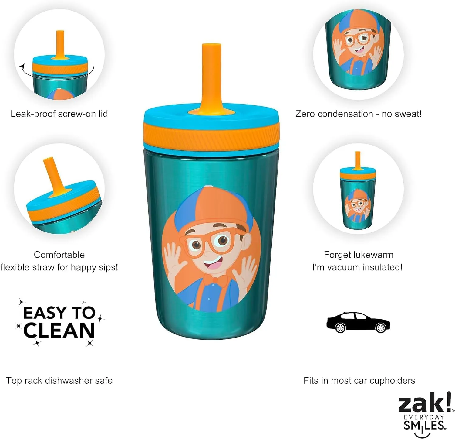 Zak Designs Blippi Kelso Toddler Cups For Travel or At Home, 12oz Vacuum Insulated Stainless Steel Sippy Cup With Leak-Proof Design is Perfect For Kids