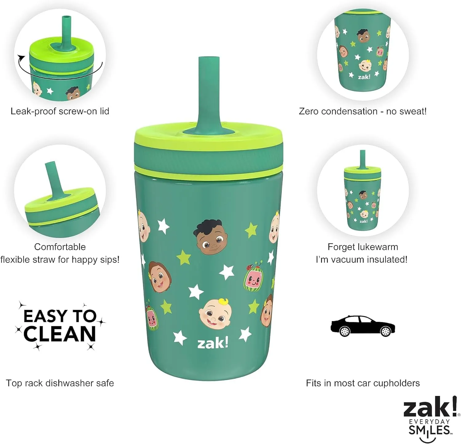 Zak Designs CoComelon Kelso Toddler Cups For Travel or At Home, 12oz Vacuum Insulated Stainless Steel Sippy Cup With Leak-Proof Design is Perfect For Kids (JJ, Cody, Nina)